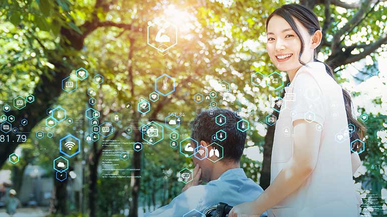 young Asian student on bicycle in park with superimposed tech symbols 